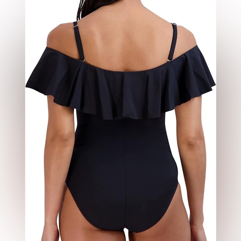 NWT BCBGMaxazria Black Ruffle Sleeve One Piece Swimsuit Size Large - Picture 3 of 7